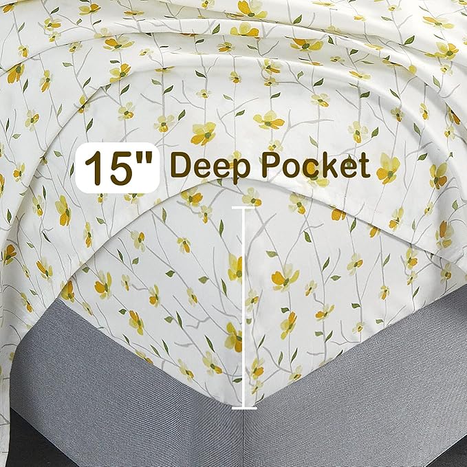 Softan King Sheet Set Yellow Floral Bed Sheets Printed Sheets - 4 Piece Soft Microfiber Patterned Fitted Sheets King with 15" Deep Pocket and Corner Straps, Cute Yellow Flower Sheets & Pillowcase Set