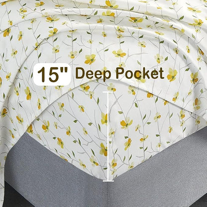 Softan King Sheet Set Yellow Floral Bed Sheets Printed Sheets - 4 Piece Soft Microfiber Patterned Fitted Sheets King with 15" Deep Pocket and Corner Straps, Cute Yellow Flower Sheets & Pillowcase Set