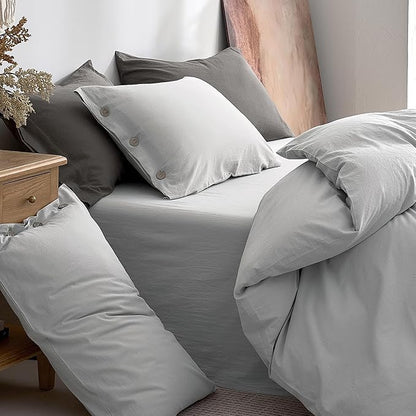 JELLYMONI 100% Washed Cotton Duvet Cover King – Soft, Breathable Linen-Look Bedding with Natural Wrinkle Texture, Button Closure, 3-Piece Set (Pale Grey, 104"x90")