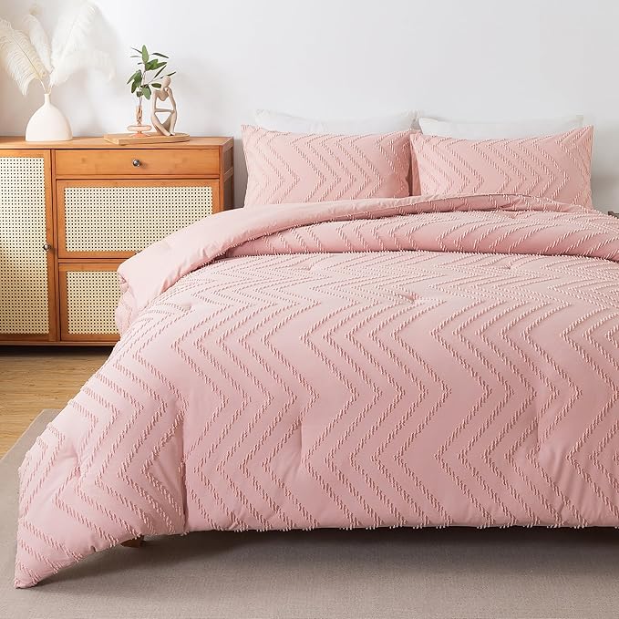 Andency Pink Comforter Set King, Boho Cute Girls Women Soft Fluffy Warm Lightweight Bedding Comforter Sets for King Bed, 3 Pieces Chevron Tufted Aesthetic Microfiber Comforter Set