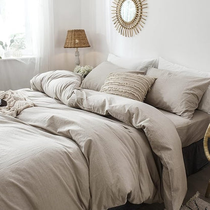 MooMee Bedding Pillowcases Pack of 2 100% Washed Cotton Linen Like Textured Breathable Durable Soft Comfy (Heathered Tannish Linen Grey, Queen)