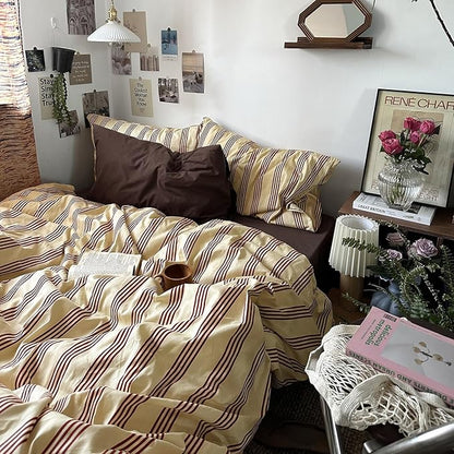 mixinni Retro Striped Duvet Cover Set Full - 100% Natural Cotton 3-Piece Vintage Red Stripes Pattern Printed Bedding Set, Soft Breathable Comforter Cover with Zipper Closure & Corner Ties, Full Size