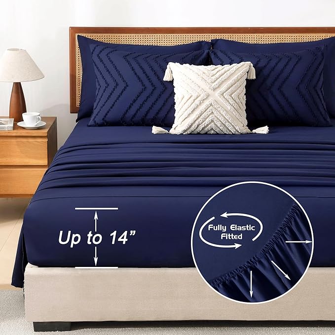 Litanika Oversized King Size Comforter Set with Sheets Navy Blue - 7 Pieces Bed in a Bag Oversized King Boho Tufted Complete Bedding Sets with Comforter, Sheets, Pillowcases & Shams