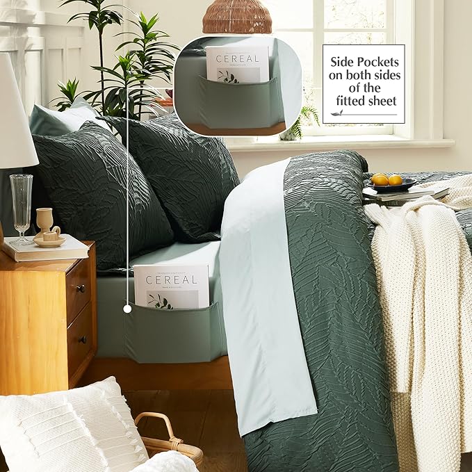 Geniospin Full Size Comforter Set - 7 Pieces Dark Green Bedding Set, Botanical Textured Comforter Bed Set, All Season Lightweight Bed in a Bag with Comforter, Sheets, Pillowcases & Shams