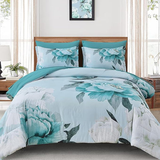 Dobuyly Floral Comforter Set Full Size 7 Piece Bed in a Bag, Aqua Flowers Printed on Light Blue Comforter Set with Sheets, Soft Microfiber Botanical Complete Bedding Set for All Season