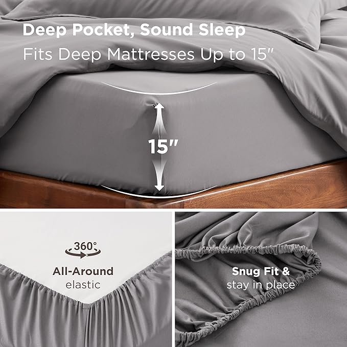 Bedsure Duvet Cover with Fitted Sheet Full - Deep Pocket, Hotel Luxury Soft Double Brushed Bedding Set with Zipper Closure, Includes 1 Duvet Cover, 1 Fitted Sheet, 2 Pillow Shams, NO Comforter, Grey