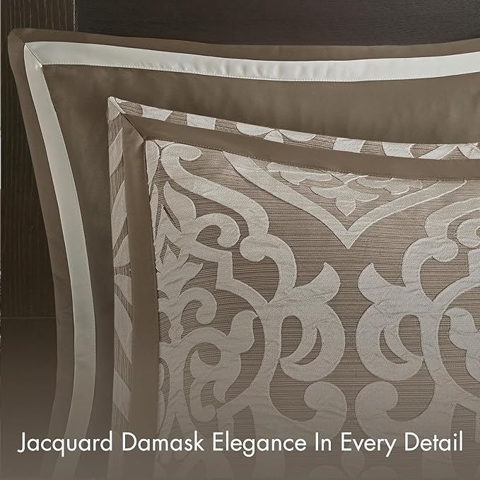 Madison Park Odette Cozy Comforter Set Jacquard Damask Medallion Design - Modern All Season, Down Alternative Bedding, Shams, Decorative Pillow, King(104 in x 92 in), Tan 8 Piece