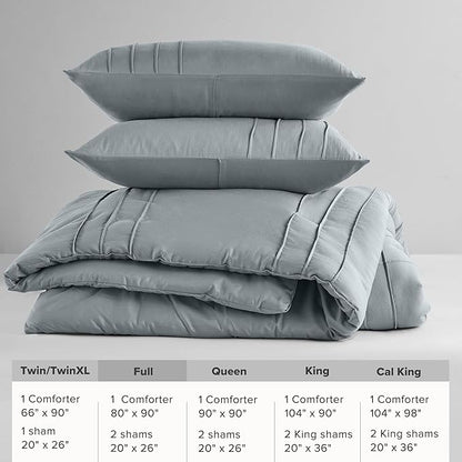 Comfort Spaces Blue/Grey Full Size Comforter Set - 3 Pieces Pintuck Pleated Bedding Sets, All Season Lightweight, Extra Softness Pre-Washed Microfiber Full Bed Set, Shams, Full