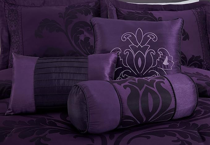 Chezmoi Collection 7-Piece Jacquard Floral Comforter Set (Queen, Purple/Dark Purple)