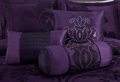 Chezmoi Collection 7-Piece Jacquard Floral Comforter Set (Queen, Purple/Dark Purple)