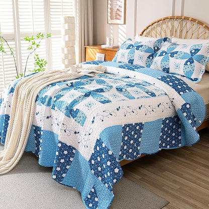 Cmfshape Blue Quilt Sets Bedspread Set 100% Cotton Patchwork Coin Pattern Bedding Set,All Season Use Lightweight Reversible Coverlet Quilts with 2 Pillow Shams(Queen 92"x96")