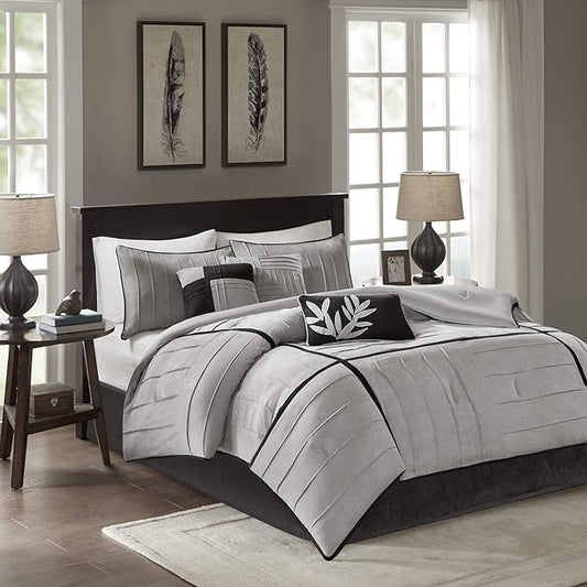 Madison Park Cozy Comforter Set Casual Blocks Design All Season, Matching Bed Skirt, Decorative Pillows, Full(82"x90"), Dune Suede, Black Grey, 7 Piece