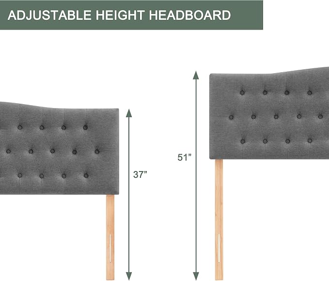 Tufted Headboard King Size, Solid Wood Adjustable Height Head Board, Gray | Upholstered King Headboard Only with Durable Solid Wood Legs, Adjustable Height 37-51 in, Fabric Button Diamond HeadBoards