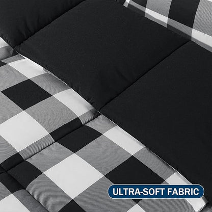 downluxe Lightweight Plaid Comforter Set (King) with 2 Pillow Shams - 3-Piece Set - Black/White Plaid - Down Alternative Reversible Comforter