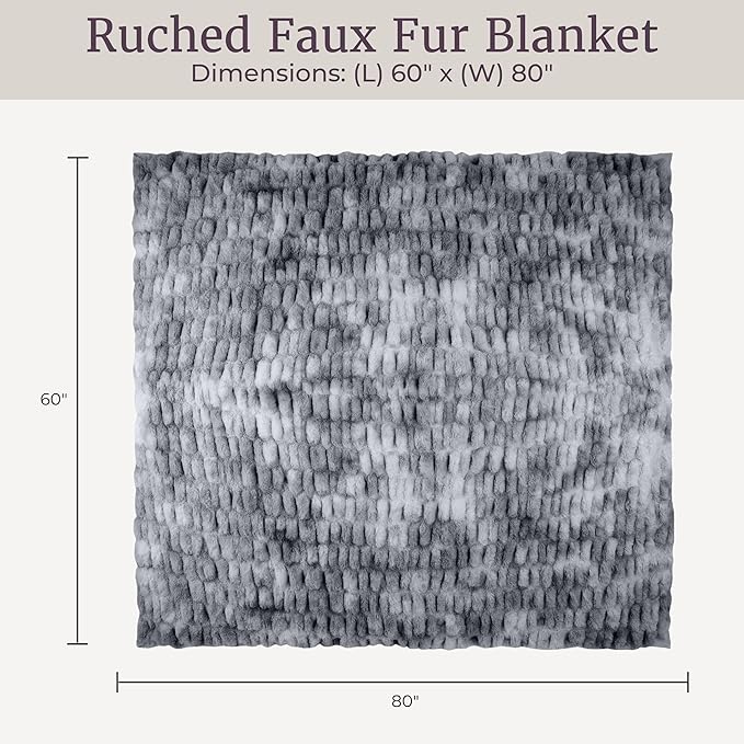 Lavish Home Oversized Ruched Faux Fur Blanket - 60x80-Inch Plush Polyester Faux Fur Queen-Size Throw for Sofas and Beds - Luxurious Bedding (Silver)