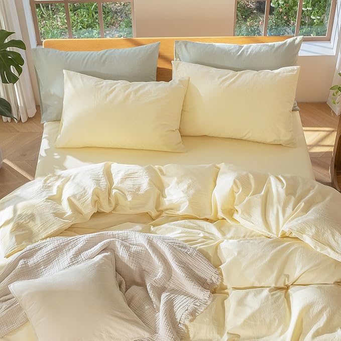 MooMee Bedding Pillowcases Pack of 2 100% Washed Cotton Linen Like Textured Breathable Durable Soft Comfy (Heathered Butter Yellow, Queen)