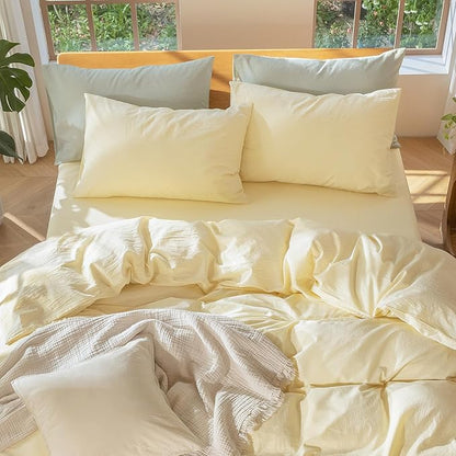 MooMee Bedding Pillowcases Pack of 2 100% Washed Cotton Linen Like Textured Breathable Durable Soft Comfy (Heathered Butter Yellow, Standard)