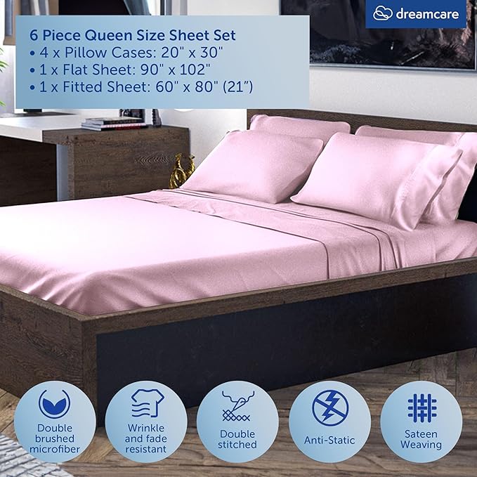 DREAMCARE Queen Sheet Set – 6 pcs Cooling Bed Sheets – up to 21” Deep Pocket Queen Sheets Set – 2500 Supreme Collection – Extra Soft 100% Brushed Microfiber Hotel Luxury with Side Pocket, Pink