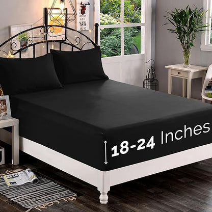 Elegant Comfort 1500 Premium Quality Fitted Sheet Ultra Soft 18-24 Inch Extra Deep Pocket - Single Fitted Sheet for High Mattress - Wrinkle Free with Smart Storage Pockets, Full, Black