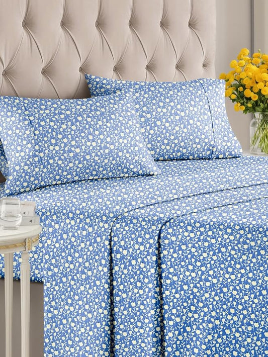 Floral Sheets - Blue & White Bed Sheet Set - 1 Flat, 1 Fitted & 2 Pillowcases w/ Deep Pockets - Comfy, Wrinkle & Fade Free - Boho Botanical Bedding - Soft, Breathable and Cooling - Cal King Size Set
