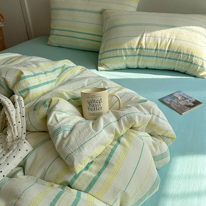 EAVD Vintage Striped Comforter Set Queen Soft Cotton 3-Piece Boho Bedding Set with 2 Pillowcases Retro Yellow-Green Vertical Stripes Geometric Comforter Set for All-Season