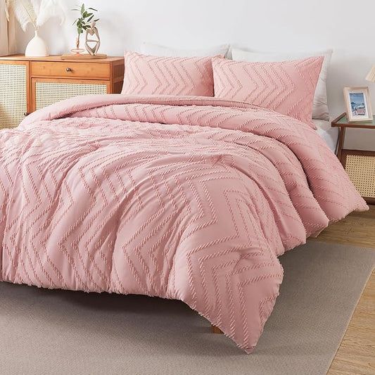 Andency Pink Comforter Set King, Boho Cute Girls Women Soft Fluffy Warm Lightweight Bedding Comforter Sets for King Bed, 3 Pieces Chevron Tufted Aesthetic Microfiber Comforter Set