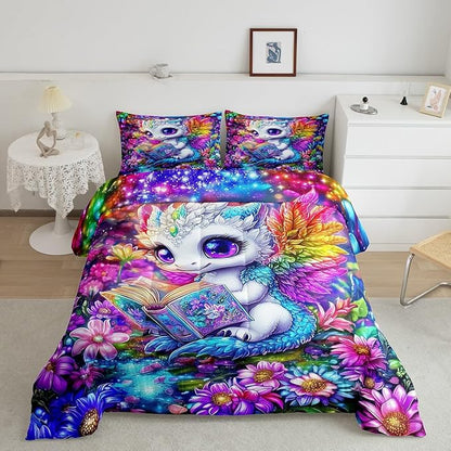 Cartoon Dragon 3 Pcs King Size Comforter Set,Watercolor Flowers Down Alternative Adults Bedroom Decor,Western Wildlife Animal Ultra Soft Microfiber Inner Fill 3Pcs Bedding