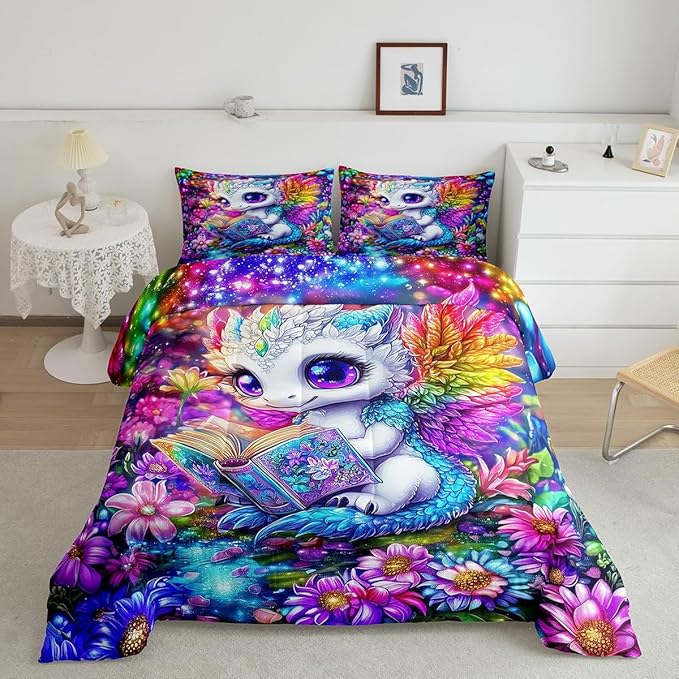 Cartoon Dragon Comforter Set Toddler Size,Western Wildlife Animal Bedding Set for Kids Teens,Watercolor Flowers Down Comforter,2 Pcs 1 Pillowcase