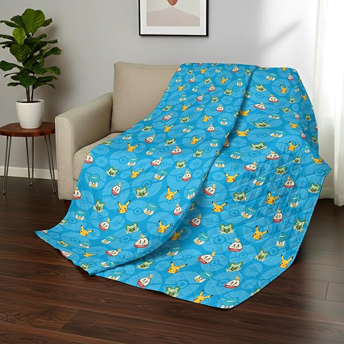 Pokemon Power Squares Full/Queen Quilted Throw Blanket Adults Boys Girls, Soft Lightweight Bedding for Bed, or Couch, 90 x 90 inches