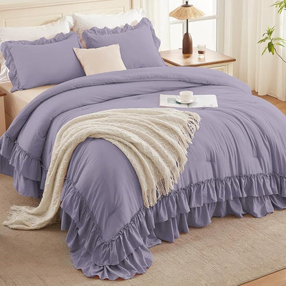 Andency Grayish Purple Comforter Set Queen Size, Lightweight Fluffy Farmhouse Ruffle Bedding Set, Soft Polyester All Season Shabby Chic Bed Comforter Set 3 Pieces(1 Comforter 2 Pillowcases)