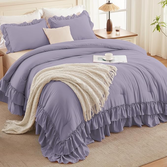 Andency Grayish Purple California King Comforter Set, 3 Pieces Lightweight Fluffy Farmhouse Shabby Chic Bedding Comforter Sets, Soft Polyester All Season Cal King Bed Sets(104x96Inch)