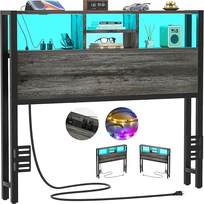 Aheaplus Headboard for Twin Size Bed with Storage, Headboards with Outlets | Twin Size Head Board Only, with USB Ports and LED Light, Height Adjustable, Reversible, Sturdy & Stable Headboard, Black Oak