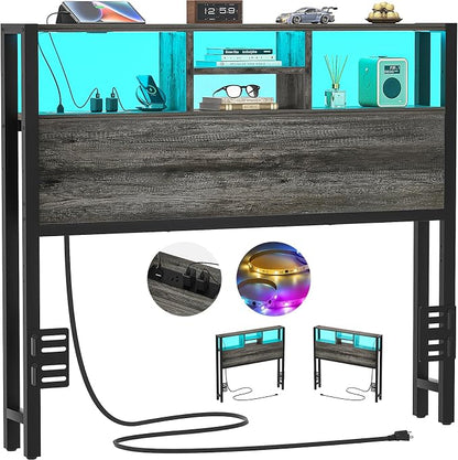 Aheaplus Headboard for Twin Size Bed with Storage, Headboards with Outlets | Twin Size Head Board Only, with USB Ports and LED Light, Height Adjustable, Reversible, Sturdy & Stable Headboard, Black Oak