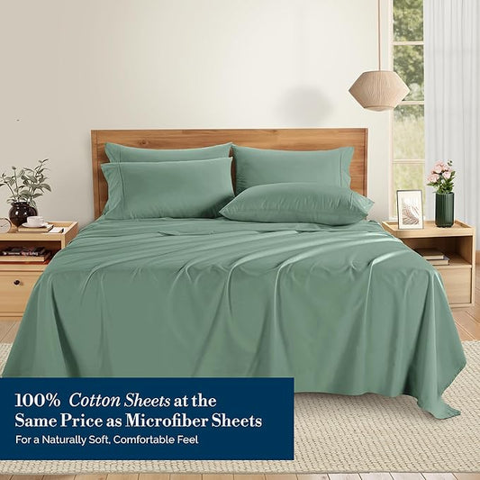 Casa Platino King Sheet Set – 100% Cotton Sheets with 4 Pillowcases, Crisp Percale Weave & Cozy Feel, Cooling & Breathable King Bed Sheets with 15" Deep Pocket, Excellent Quality & Fit – Sage Green