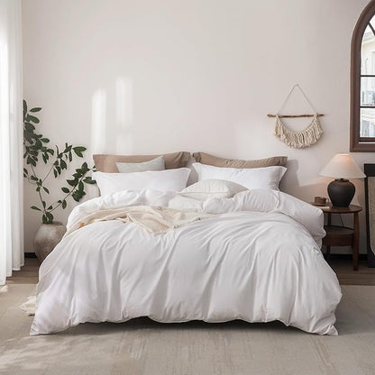 Linen Feel Duvet Cover King Size 104inch x 90inch,100% Washed Cotton Duvet Cover with Zipper Closure and 2 Pillowcases, Color of Bright White