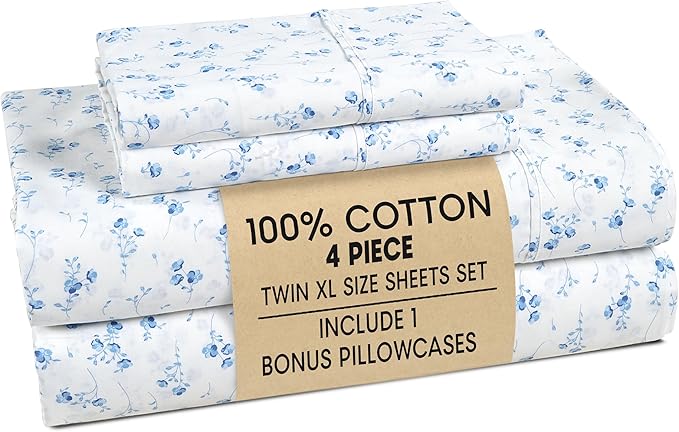 Casa Platino Twin XL Bed Sheets Set – 4 Piece Set, 100% Cotton Sheets Twin XL, Soft Breathable Fabric, Tailored Fit with 15" Deep Pockets, Ideal for Modern Homes & Guest Beds – Floralis