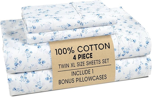 Casa Platino Twin XL Bed Sheets Set – 4 Piece Set, 100% Cotton Sheets Twin XL, Soft Breathable Fabric, Tailored Fit with 15" Deep Pockets, Ideal for Modern Homes & Guest Beds – Floralis