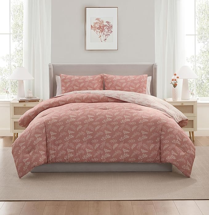 Nestl Full Size Comforter Sets - Blush Bed in a Bag Full Size, 3 Pieces Reversible Bed Set, Soft Floral Bedding Set, All Season Botanical Comforters with Pillow Shams