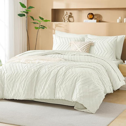 Litanika Ivory King Size Comforter Set with Sheets - 7 Pieces Bed in a Bag King Boho Tufted Complete Bedding Sets with Comforter, Sheets, Pillowcases & Shams