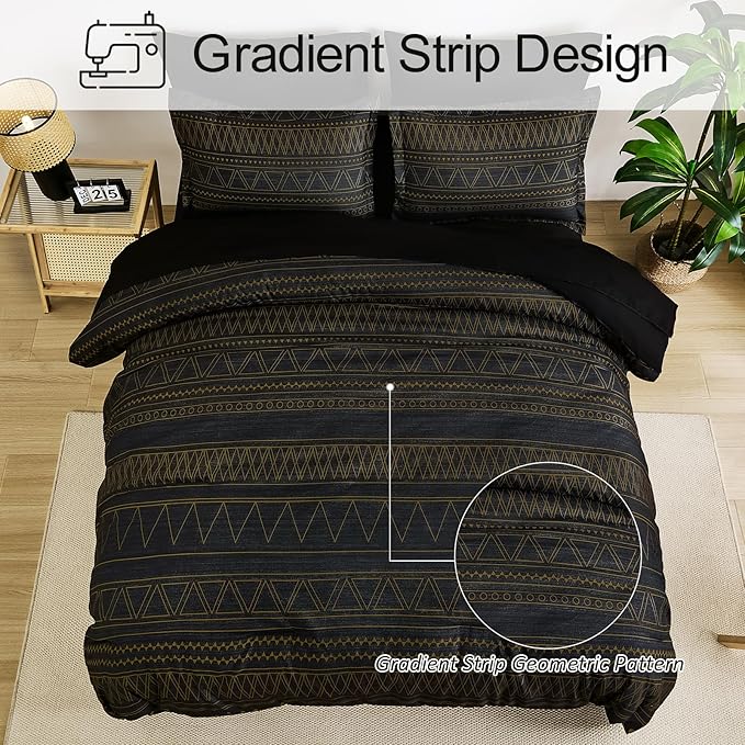 WONGS BEDDING Queen Comforter Set 7 Pieces, Boho Black Gold Geometric Striped Comforter for Queen Bed in a Bag, Soft Microfiber Bedding Set with Pillowcases, Flat Sheet, Fitted Sheet, Pillow Shams