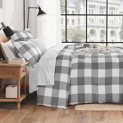 Andency Plaid Comforter Twin XL(68x92Inch), Gray White Checkered Gingham Buffalo Grid Bed Set for Students Boys Kids Teens, 2 Pieces Lightweight Polyester Geometric Dorm Bedding