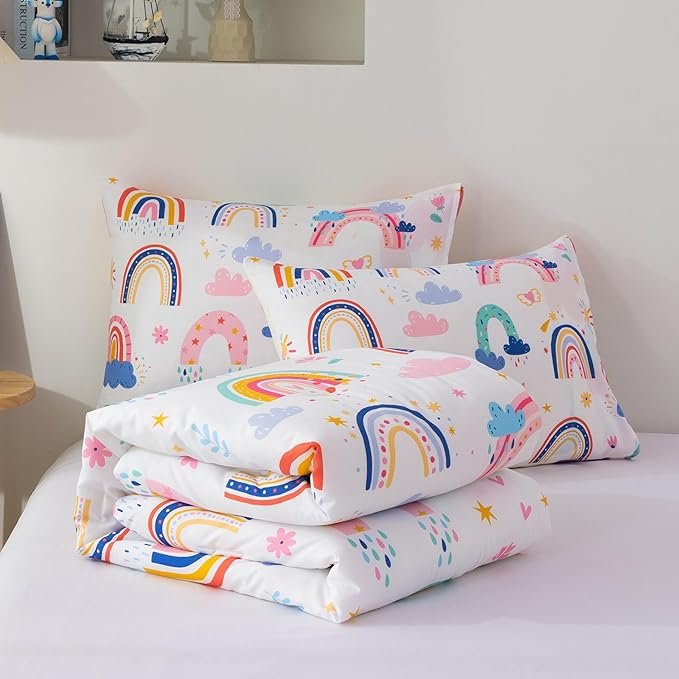 Btargot Lightweight Soft 3 Piece Rainbow Comforter Set with 2 Pillow Covers, Cartoon Leaves Flowers and Sun Star Bedding Set for Girls Boys Kids, Full White