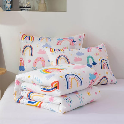 Btargot Lightweight Soft 3 Piece Rainbow Comforter Set with 2 Pillow Covers, Cartoon Leaves Flowers and Sun Star Bedding Set for Girls Boys Kids, Full White