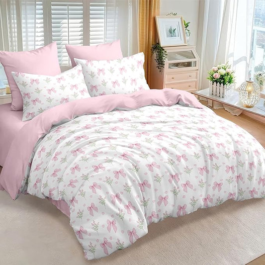 Nayoroom Pink Bow Comforter Set Full Size Coquette Pink Floral Comforter 3 Pieces Soft Lightweight Kids Girls Cute Aesthetic Dorm Bedding Set for All Seasons