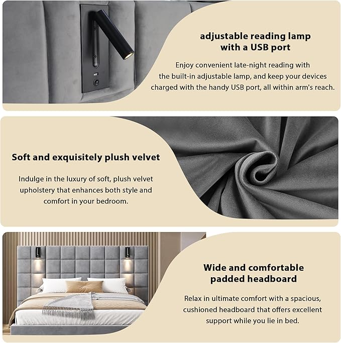 Merax Upholstered Queen Bed, with Reading Lamp and USB Port, Wide Velvet Headboard, (Without Bedside Tables and Mattress), Grey