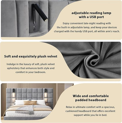 Merax Upholstered Queen Bed, with Reading Lamp and USB Port, Wide Velvet Headboard, (Without Bedside Tables and Mattress), Grey