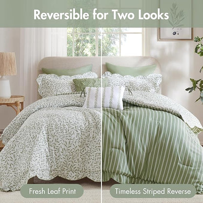 Madison Park 5-Piece Reversible Botanical Comforter Set - Summer Floral Print with Scalloped Edges, Lightweight Bedding with Decorative Pillows, King, Sage Green | Reversible, Lightweight