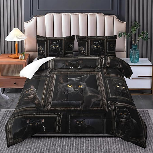 Queen Cat Comforter Set for Girls, Kawaii Queen Size Bedding, Cute Teen Girls Bedding Set, Black Cat Room Decor