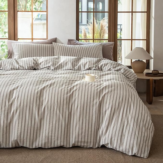 Luxury 100% Washed Cotton Linen Like Duvet Cover Set,3 Pcs Striped Trendy Bedding with Zipper Closure(Linen Grey,King)