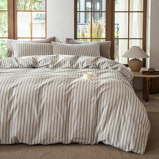 Luxury 100% Washed Cotton Linen Like Duvet Cover Set,3 Pcs Striped Trendy Bedding with Zipper Closure(Linen Grey,Twin)